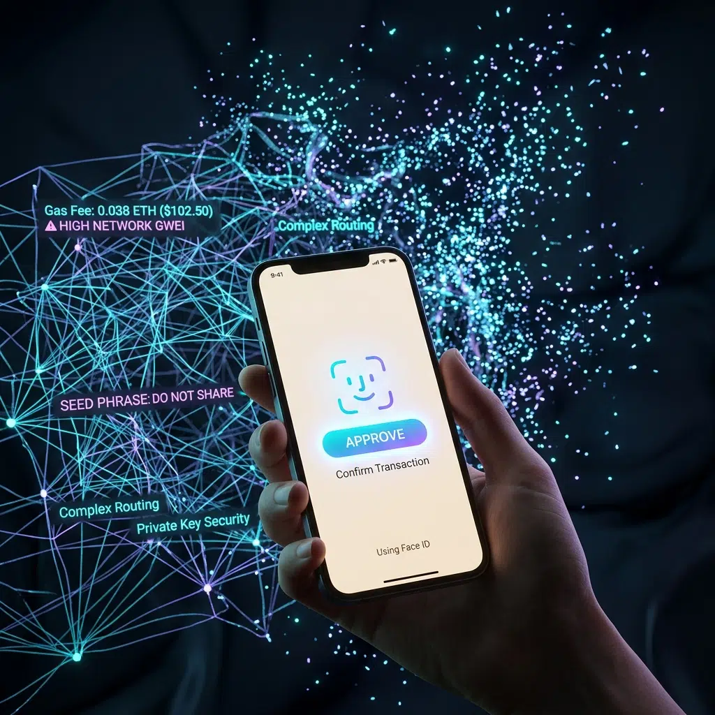 Complex gas and seed phrase UX dissolving behind a simple biometric approval