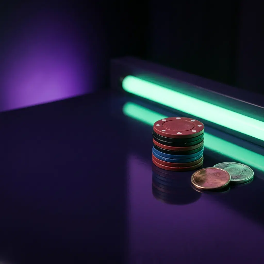 Casino chips and AUD coins under mint neon light, WinSpirit Australia bonus