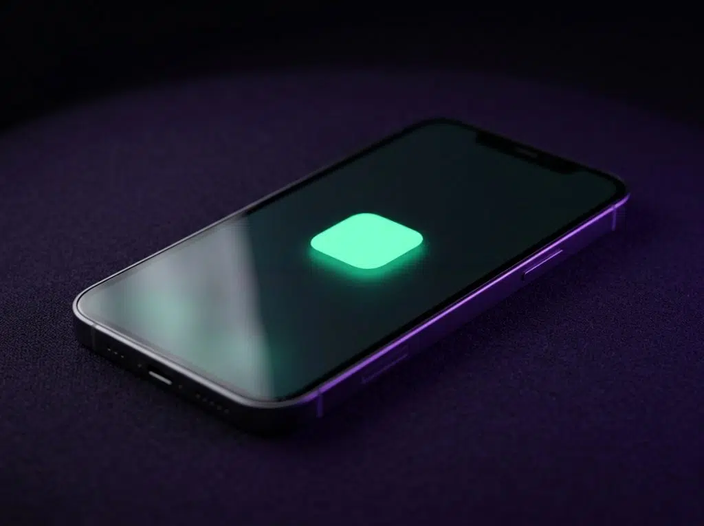 Smartphone on a dark purple surface with a mint app icon on the home screen, WinSpirit app install