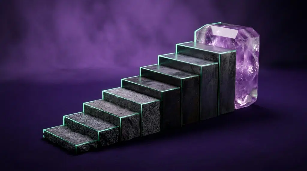 Rising stack of stone, metal and gem tiles under mint light, WinSpirit VIP levels